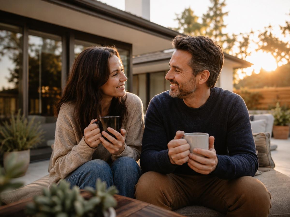 Two homeowners talking on the front porch of their house