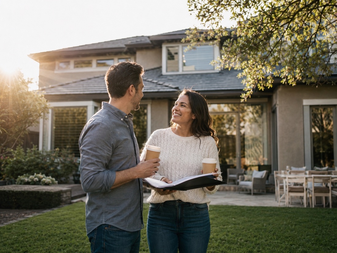 Two homeowners reviewing a loan file together outside their house